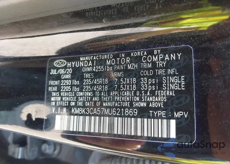 2021 Hyundai Kona Limited z USA, uszkodzony, nr VIN KM8K3CA57MU621869